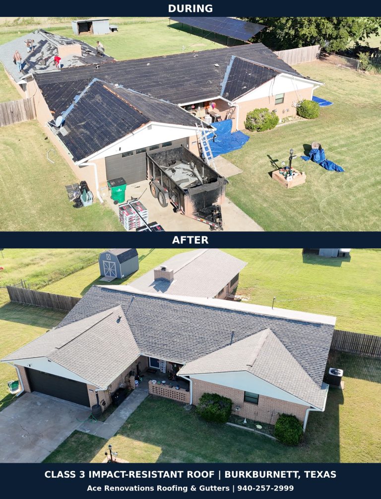 During installation and completed Class 3 impact-resistant roof in Burkburnett, Texas, by Ace Renovations Roofing & Gutters